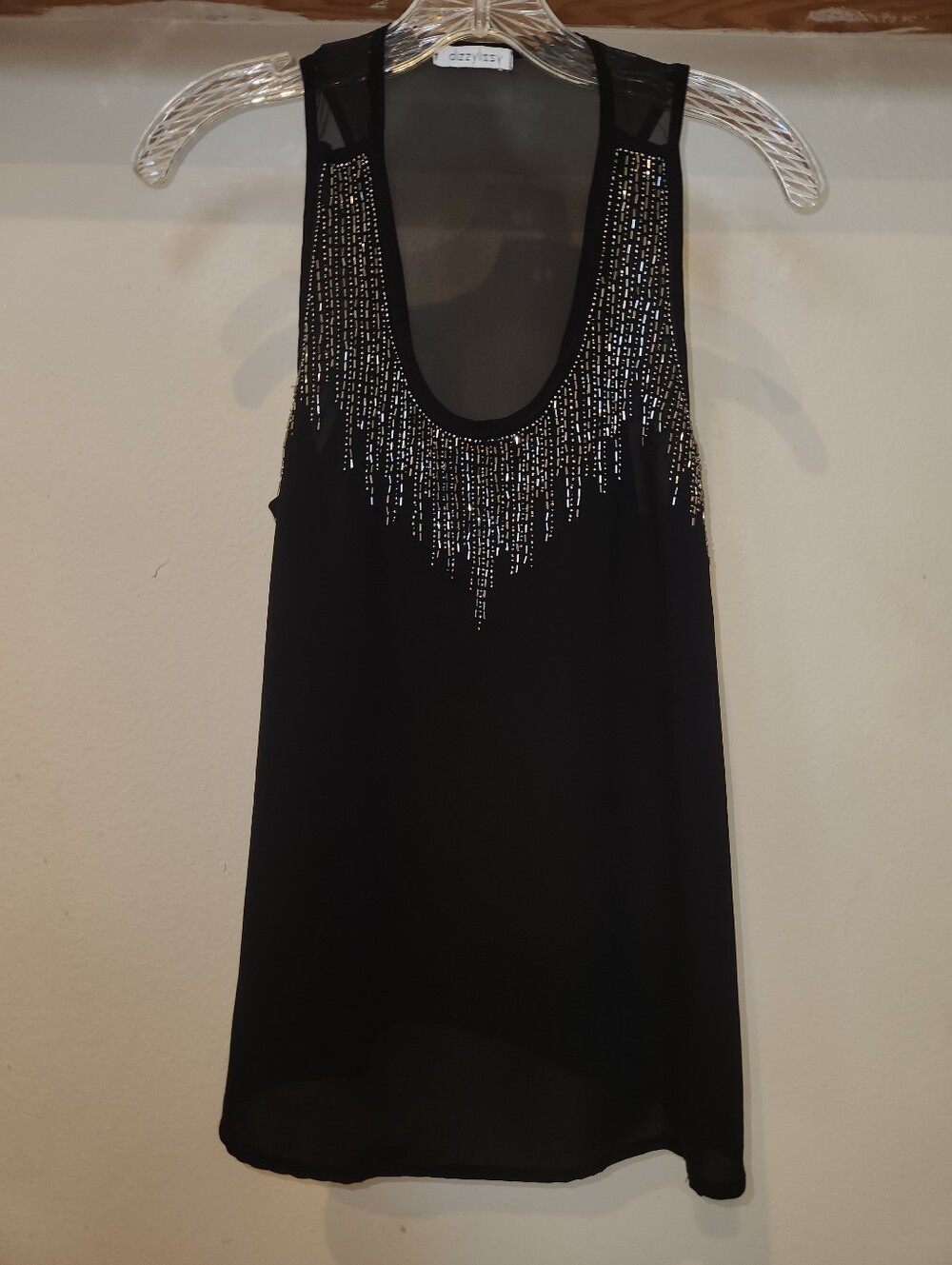 Black Slinky And Sheer Embellished Sleeveless Tank Top